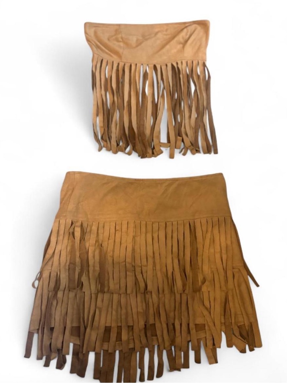 Vintage Y2K Xi Faux Suede Fringe Two Piece Set Strapless Tube Top Skirt Small US